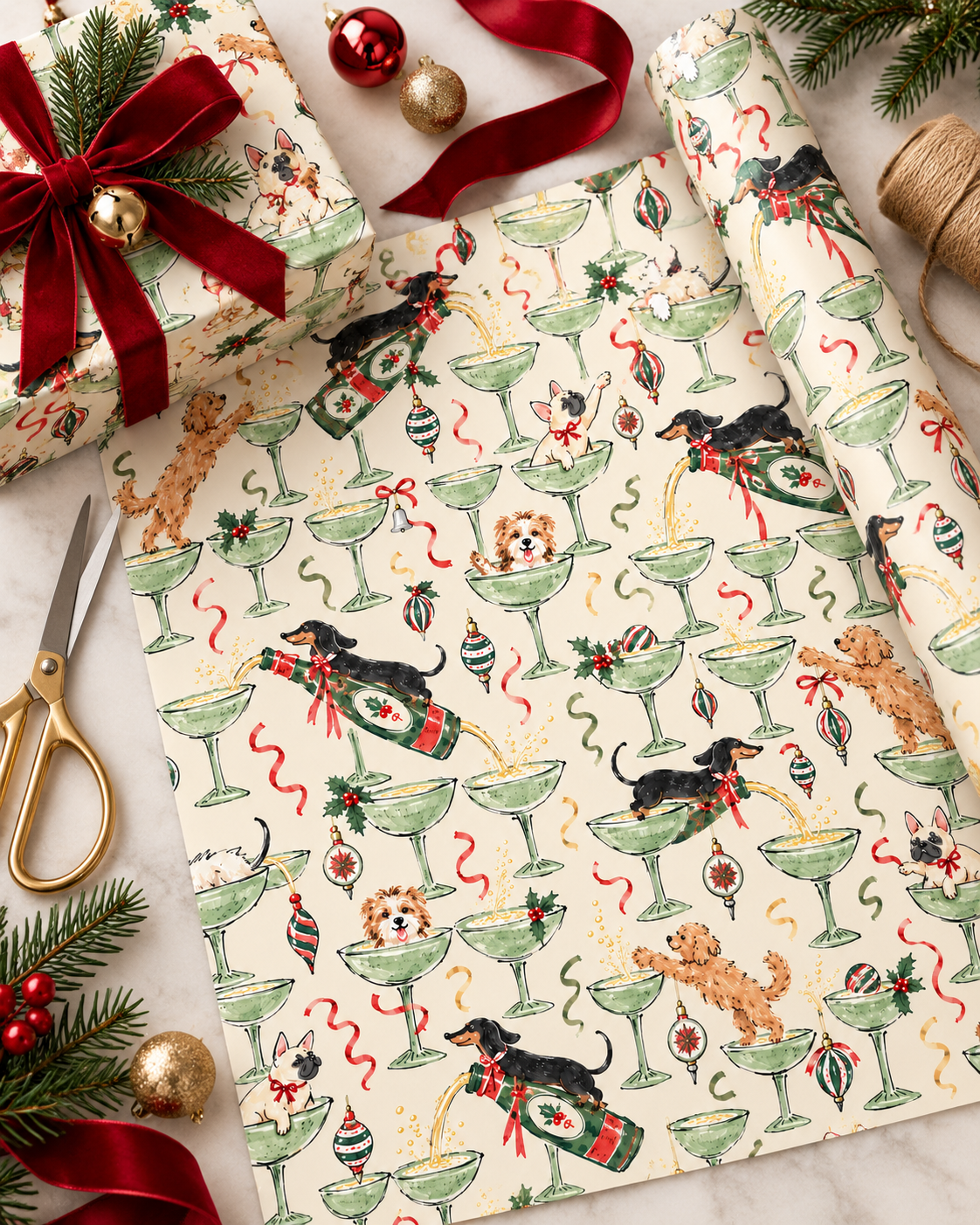 Pop the bubbly, and bring the dogs Christmas Gift Wrap 🥂🐾