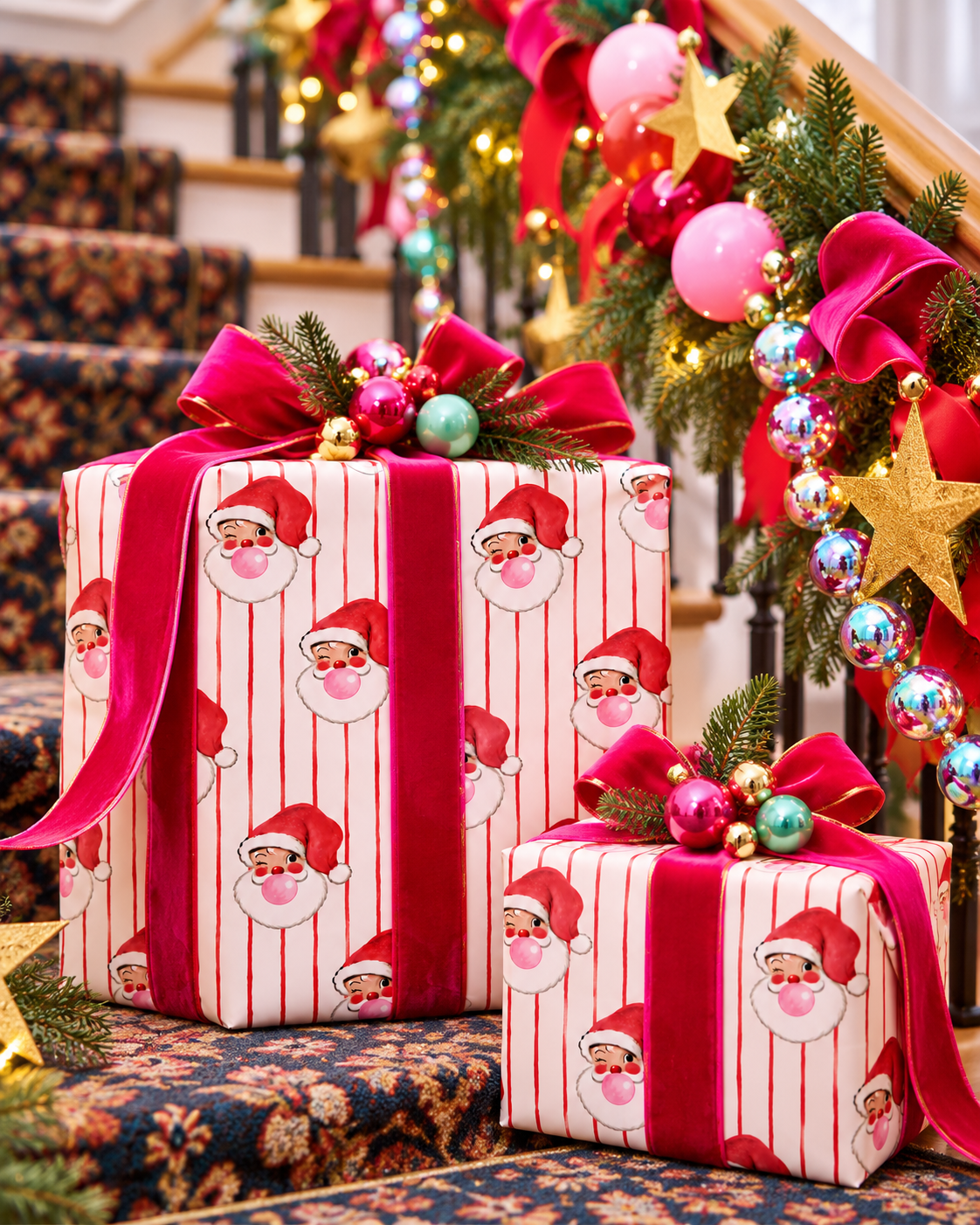 Retro Santa Wrapping Paper – Pink Bubblegum Santa Christmas Gift Wrap, Vintage Red Stripe Holiday Wrapping Paper