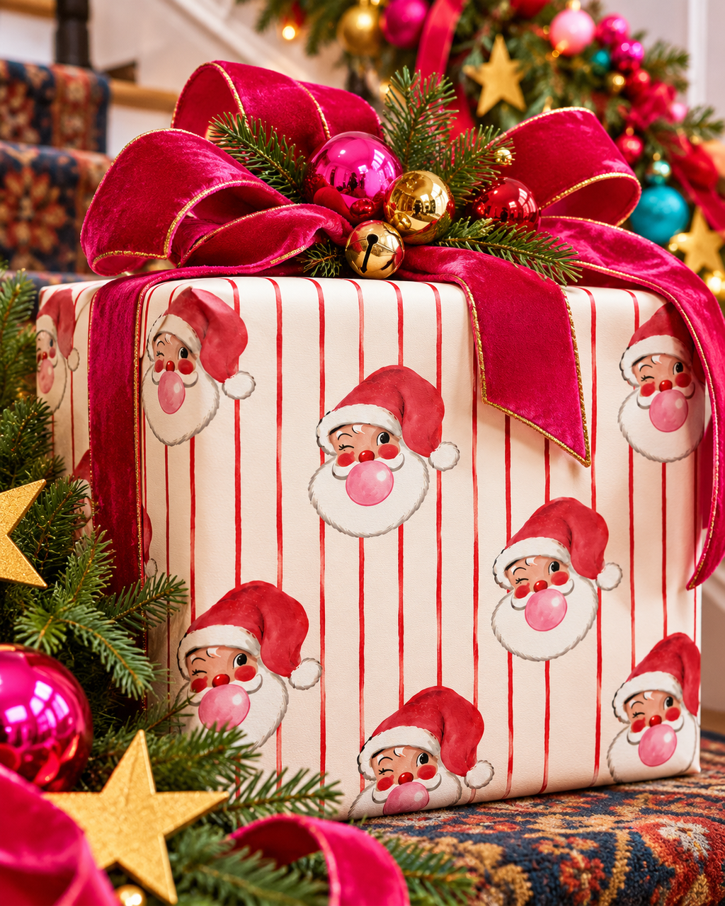 Retro Santa Wrapping Paper – Pink Bubblegum Santa Christmas Gift Wrap, Vintage Red Stripe Holiday Wrapping Paper