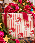 Retro Santa Wrapping Paper – Pink Bubblegum Santa Christmas Gift Wrap, Vintage Red Stripe Holiday Wrapping Paper
