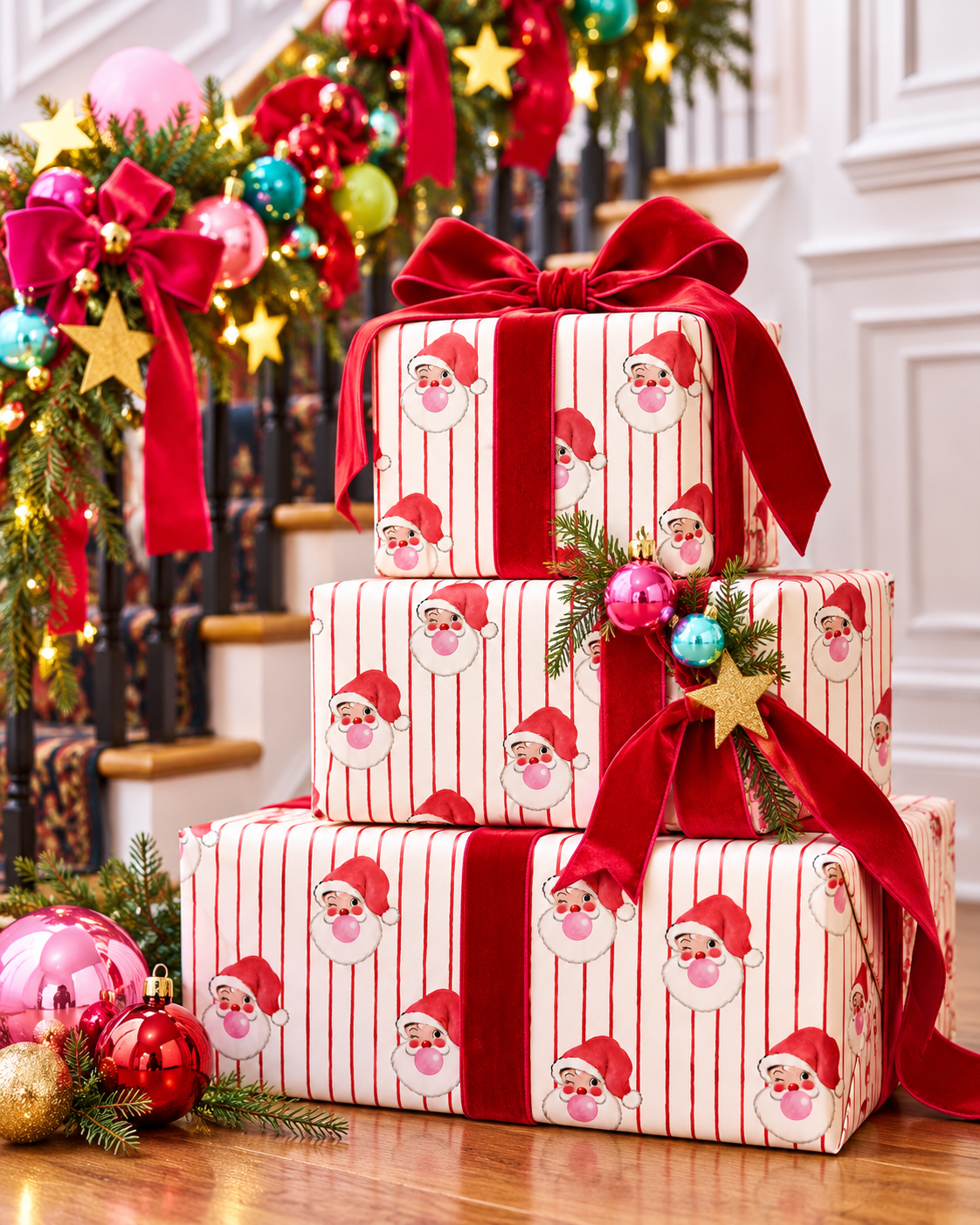 Retro Santa Wrapping Paper – Pink Bubblegum Santa Christmas Gift Wrap, Vintage Red Stripe Holiday Wrapping Paper