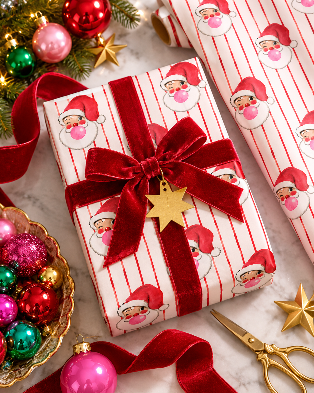 Retro Santa Wrapping Paper – Pink Bubblegum Santa Christmas Gift Wrap, Vintage Red Stripe Holiday Wrapping Paper