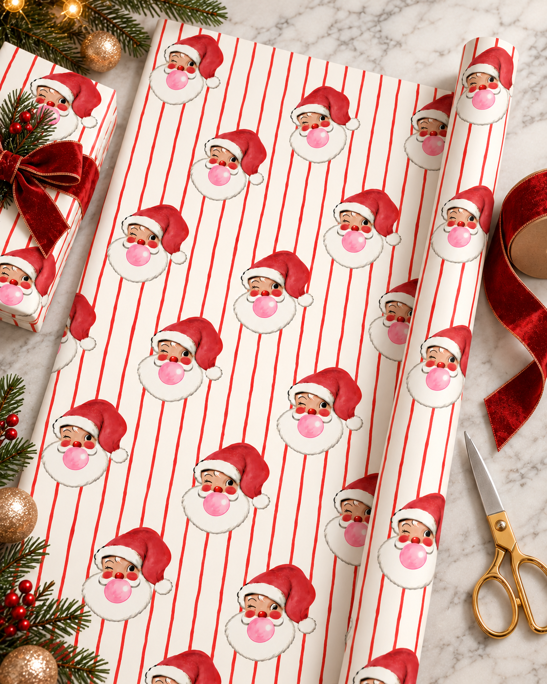 Retro Santa Wrapping Paper – Pink Bubblegum Santa Christmas Gift Wrap, Vintage Red Stripe Holiday Wrapping Paper
