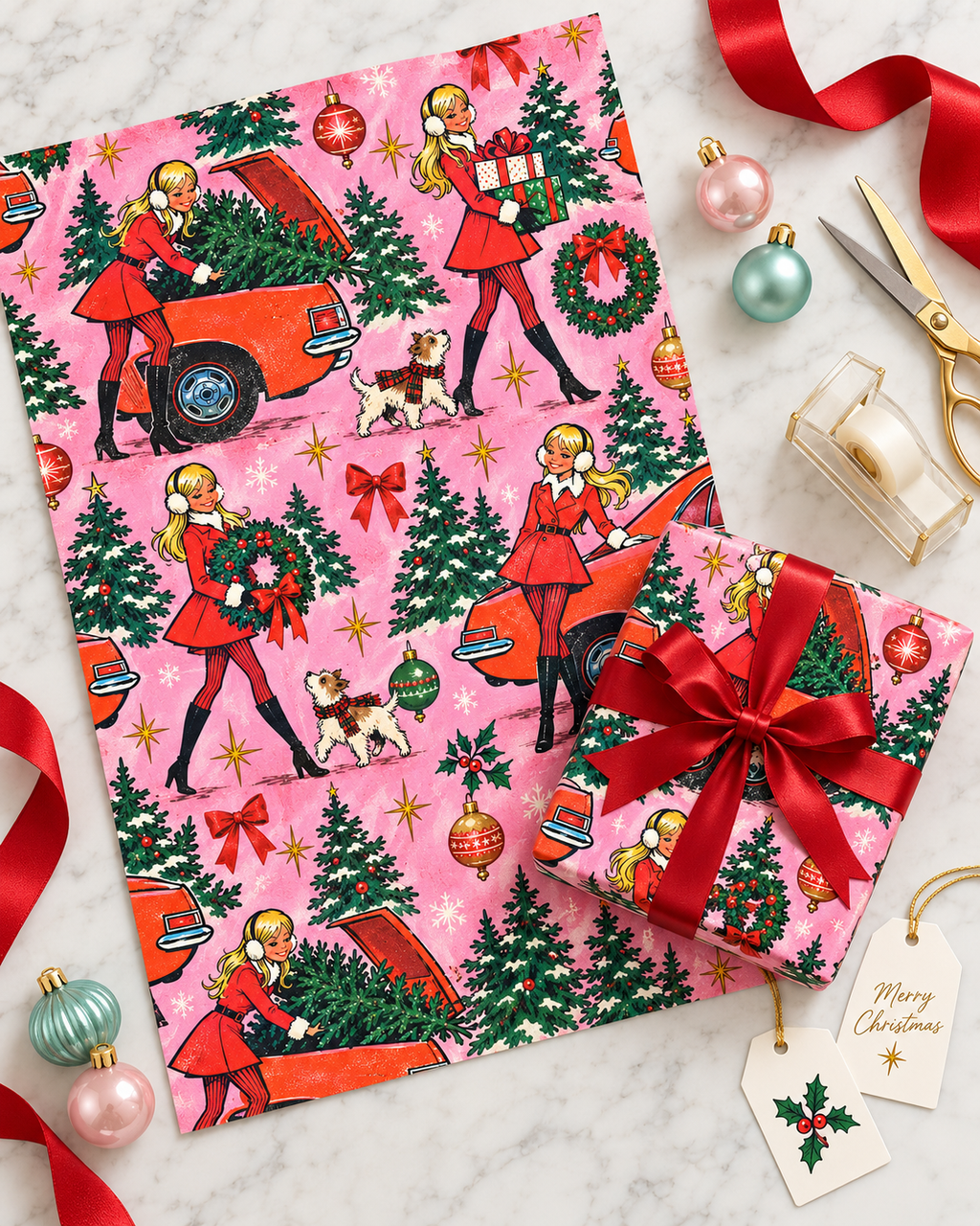 Retro Christmas Wrapping Paper – Vintage Holiday Girl, Christmas Trees & Dog Gift Wrap