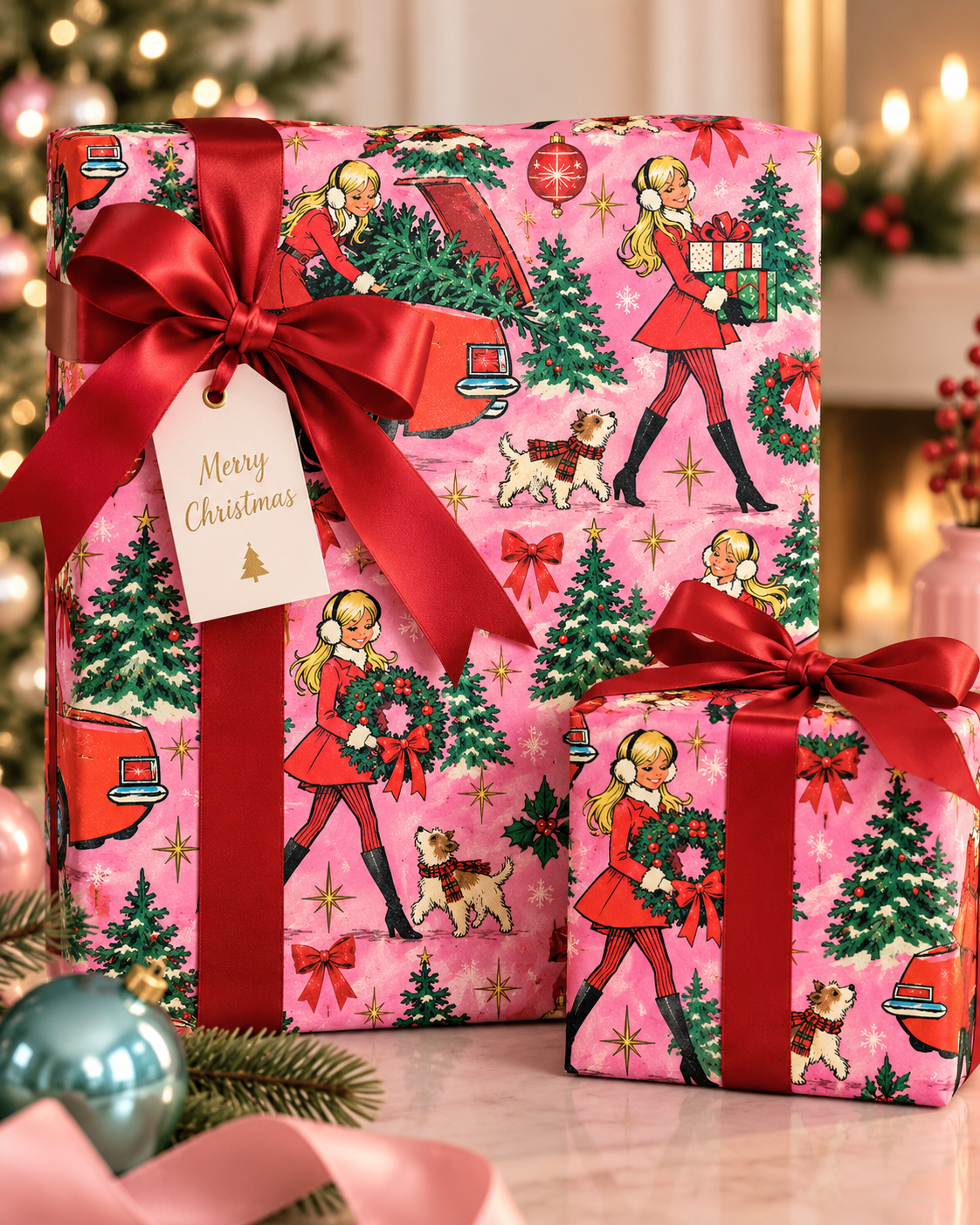 Retro Christmas Wrapping Paper – Vintage Holiday Girl, Christmas Trees & Dog Gift Wrap