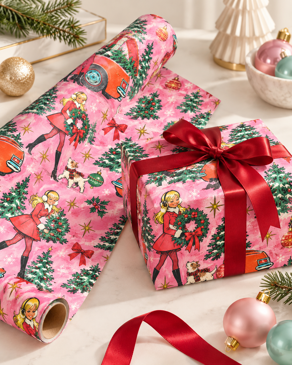 Retro Christmas Wrapping Paper – Vintage Holiday Girl, Christmas Trees & Dog Gift Wrap