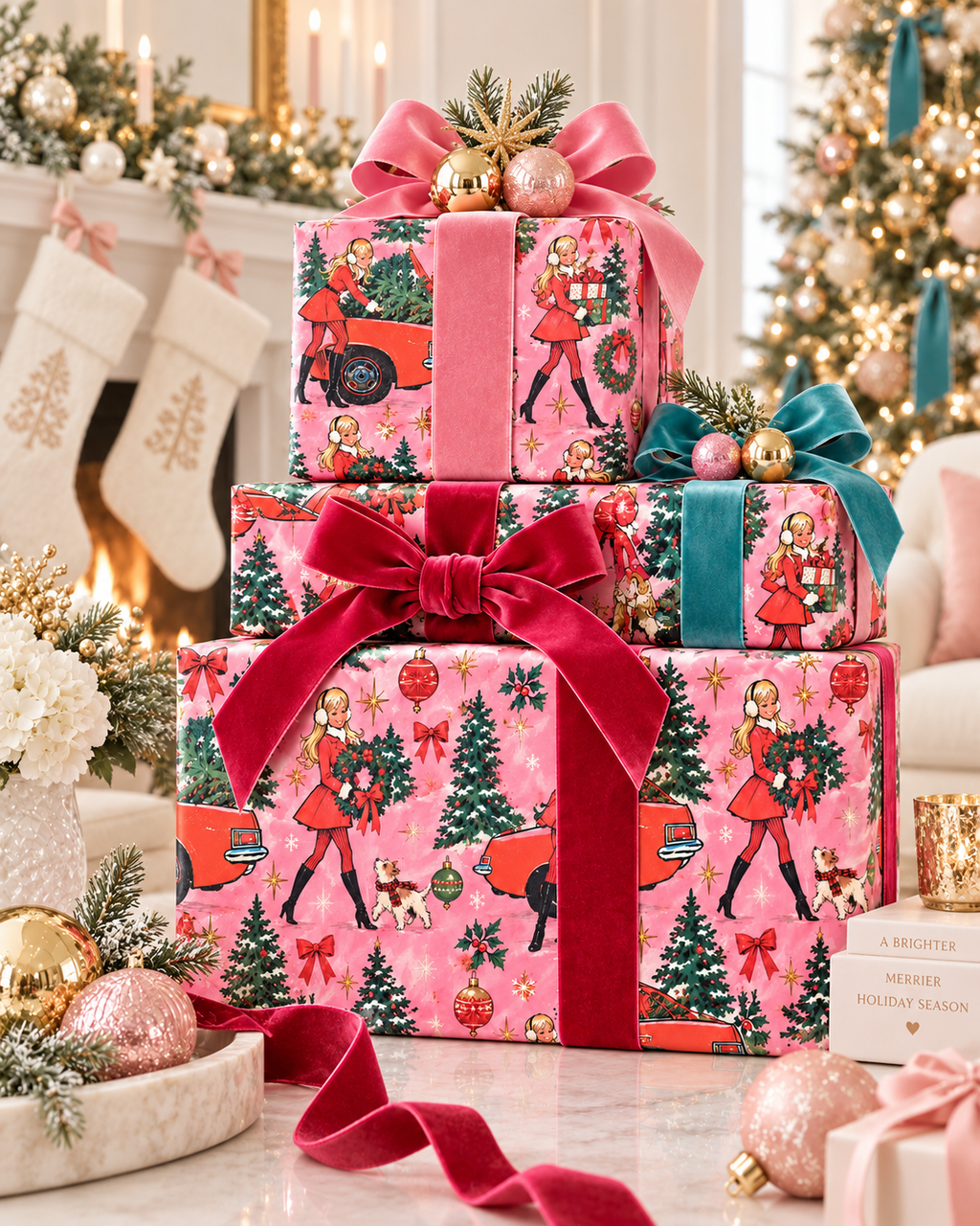 Retro Christmas Wrapping Paper – Vintage Holiday Girl, Christmas Trees & Dog Gift Wrap