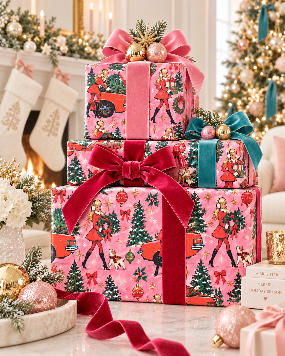 Retro Christmas Wrapping Paper – Vintage Holiday Girl, Christmas Trees & Dog Gift Wrap
