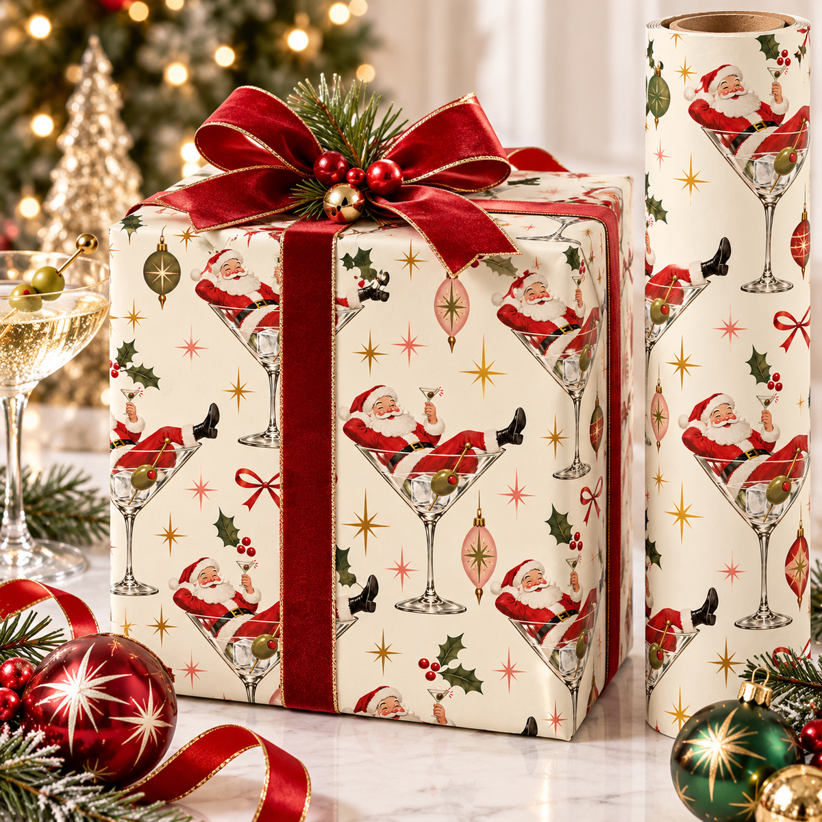 Retro Santa Cin Cin Christmas Wrapping Paper | Vintage Holiday Gift Wrap | Martini Santa Christmas Paper | 70s Inspired Holiday Wrap
