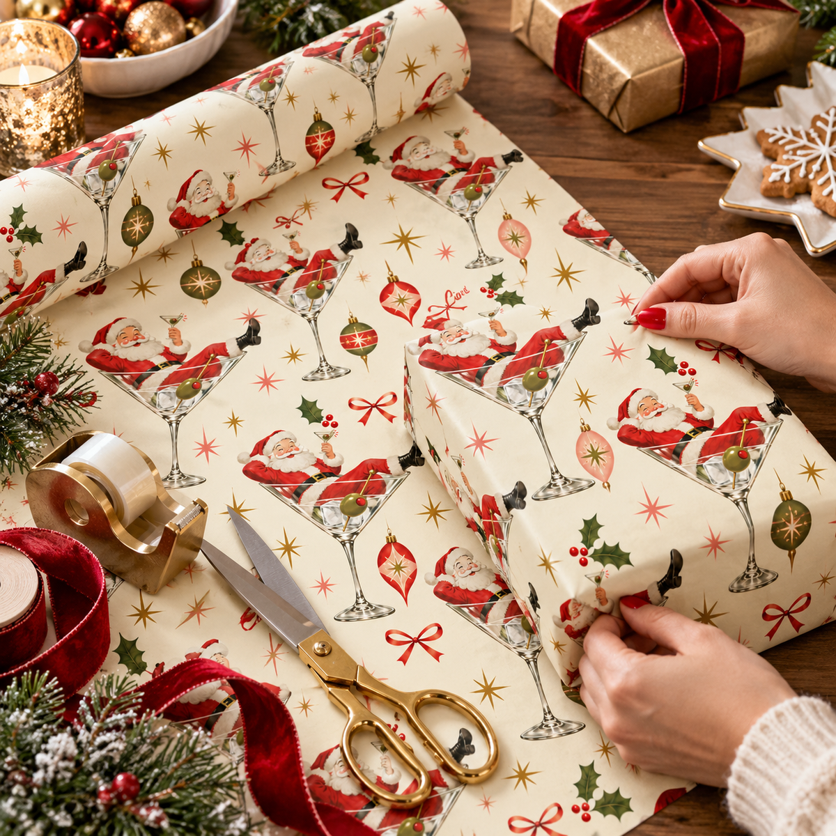 Retro Santa Cin Cin Christmas Wrapping Paper | Vintage Holiday Gift Wrap | Martini Santa Christmas Paper | 70s Inspired Holiday Wrap