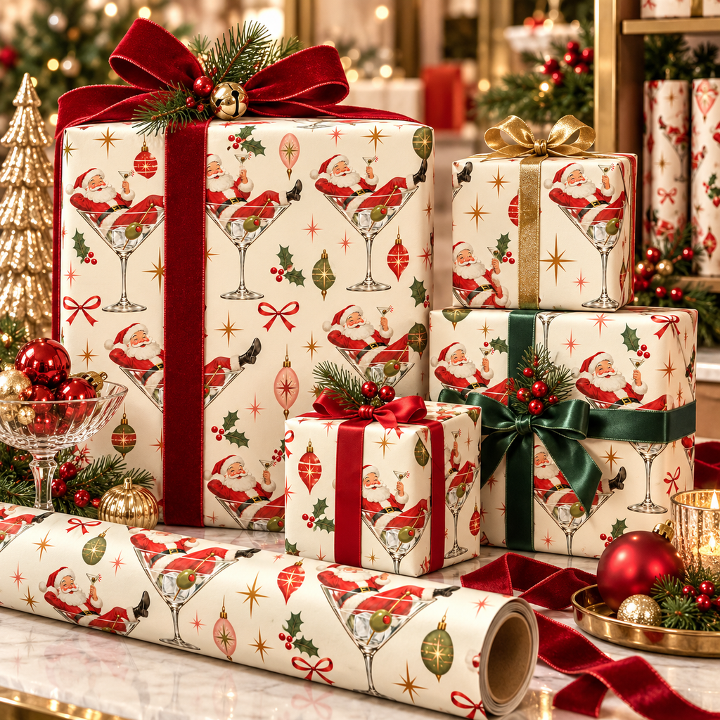 Retro Santa Cin Cin Christmas Wrapping Paper | Vintage Holiday Gift Wrap | Martini Santa Christmas Paper | 70s Inspired Holiday Wrap