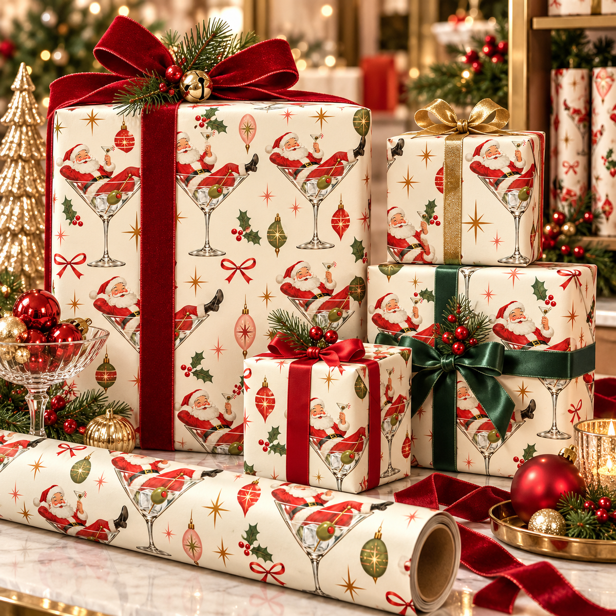 Retro Santa Cin Cin Christmas Wrapping Paper | Vintage Holiday Gift Wrap | Martini Santa Christmas Paper | 70s Inspired Holiday Wrap