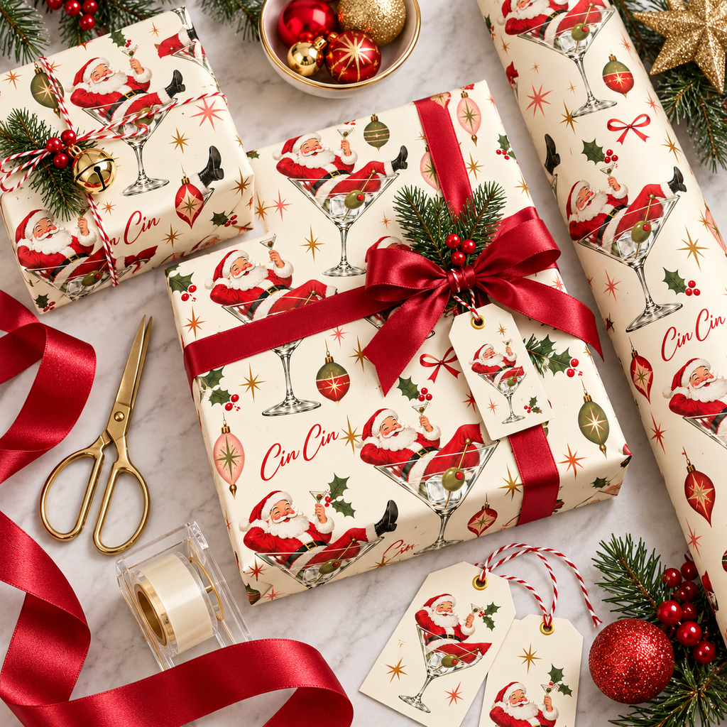 Retro Santa Cin Cin Christmas Wrapping Paper | Vintage Holiday Gift Wrap | Martini Santa Christmas Paper | 70s Inspired Holiday Wrap