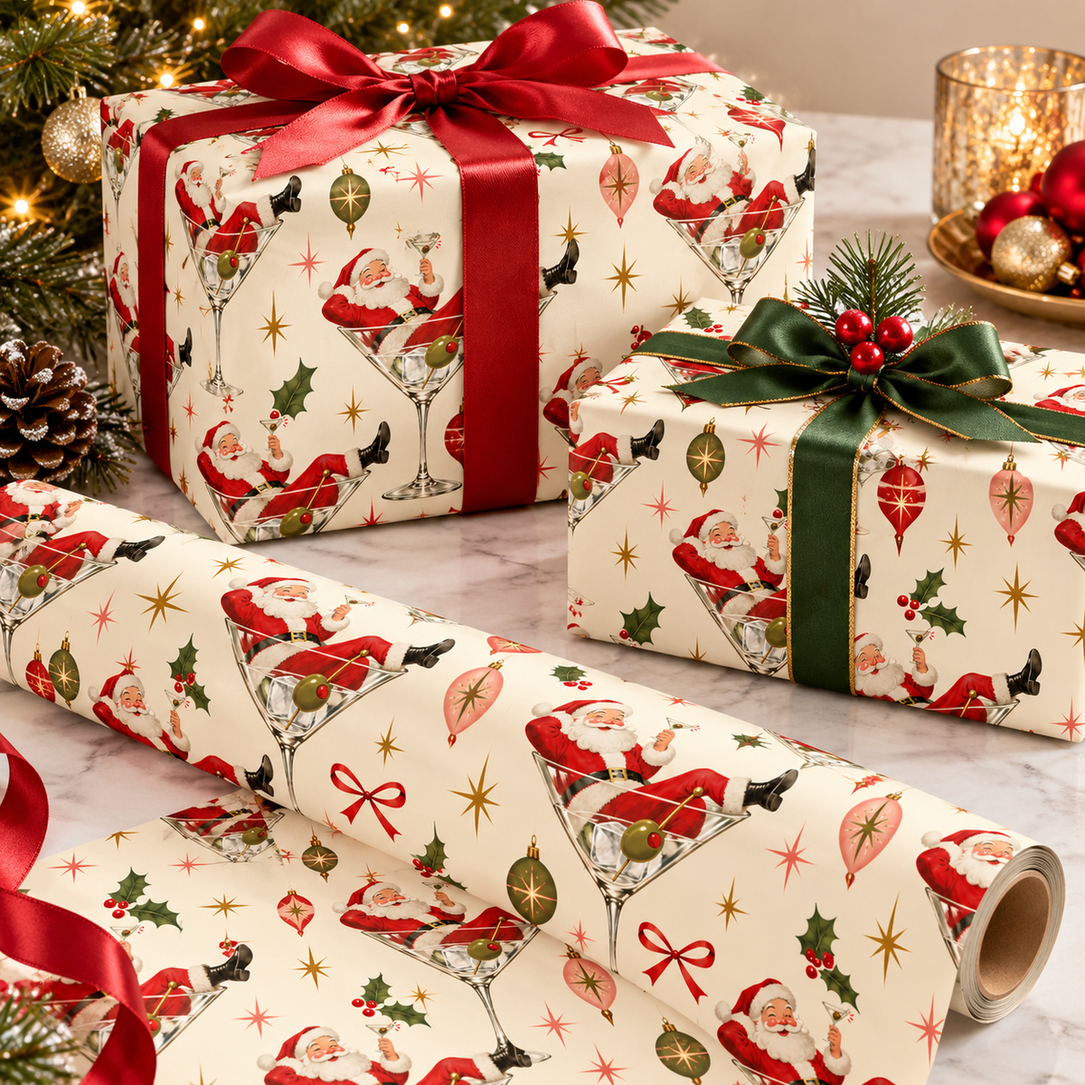 Retro Santa Cin Cin Christmas Wrapping Paper | Vintage Holiday Gift Wrap | Martini Santa Christmas Paper | 70s Inspired Holiday Wrap
