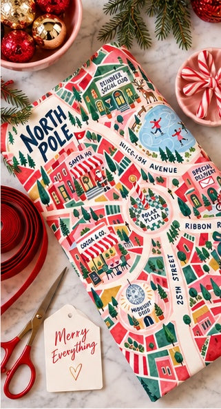 North Pole Christmas Wrapping Paper, Retro Illustrated Holiday Village Gift Wrap with Santa, Reindeer & Christmas Map