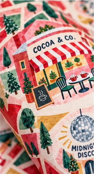 North Pole Christmas Wrapping Paper, Retro Illustrated Holiday Village Gift Wrap with Santa, Reindeer & Christmas Map