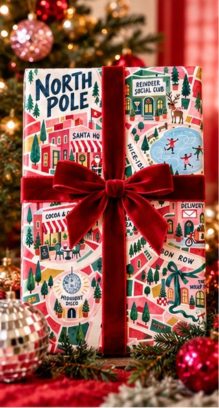 North Pole Christmas Wrapping Paper, Retro Illustrated Holiday Village Gift Wrap with Santa, Reindeer & Christmas Map
