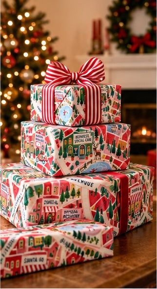 North Pole Christmas Wrapping Paper, Retro Illustrated Holiday Village Gift Wrap with Santa, Reindeer & Christmas Map