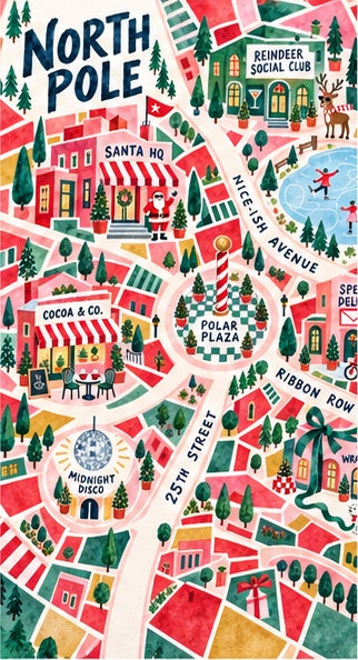 North Pole Christmas Wrapping Paper, Retro Illustrated Holiday Village Gift Wrap with Santa, Reindeer & Christmas Map