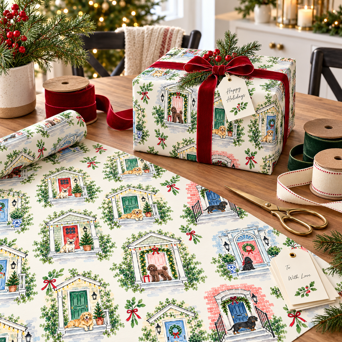 Christmas Dog Wrapping Paper, Vintage Holiday Door Gift Wrap, Mid Century Christmas Wrap, Dog Lover Holiday Paper