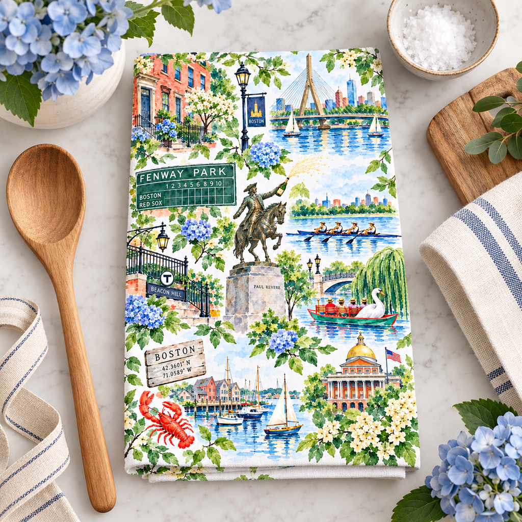 Boston Watercolor Tea Towel, Fenway, Beacon Hill & Charles River Kitchen Towel
