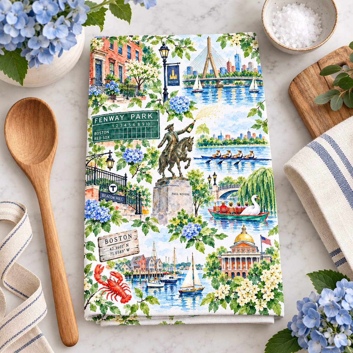 Boston Watercolor Tea Towel, Fenway, Beacon Hill & Charles River Kitchen Towel