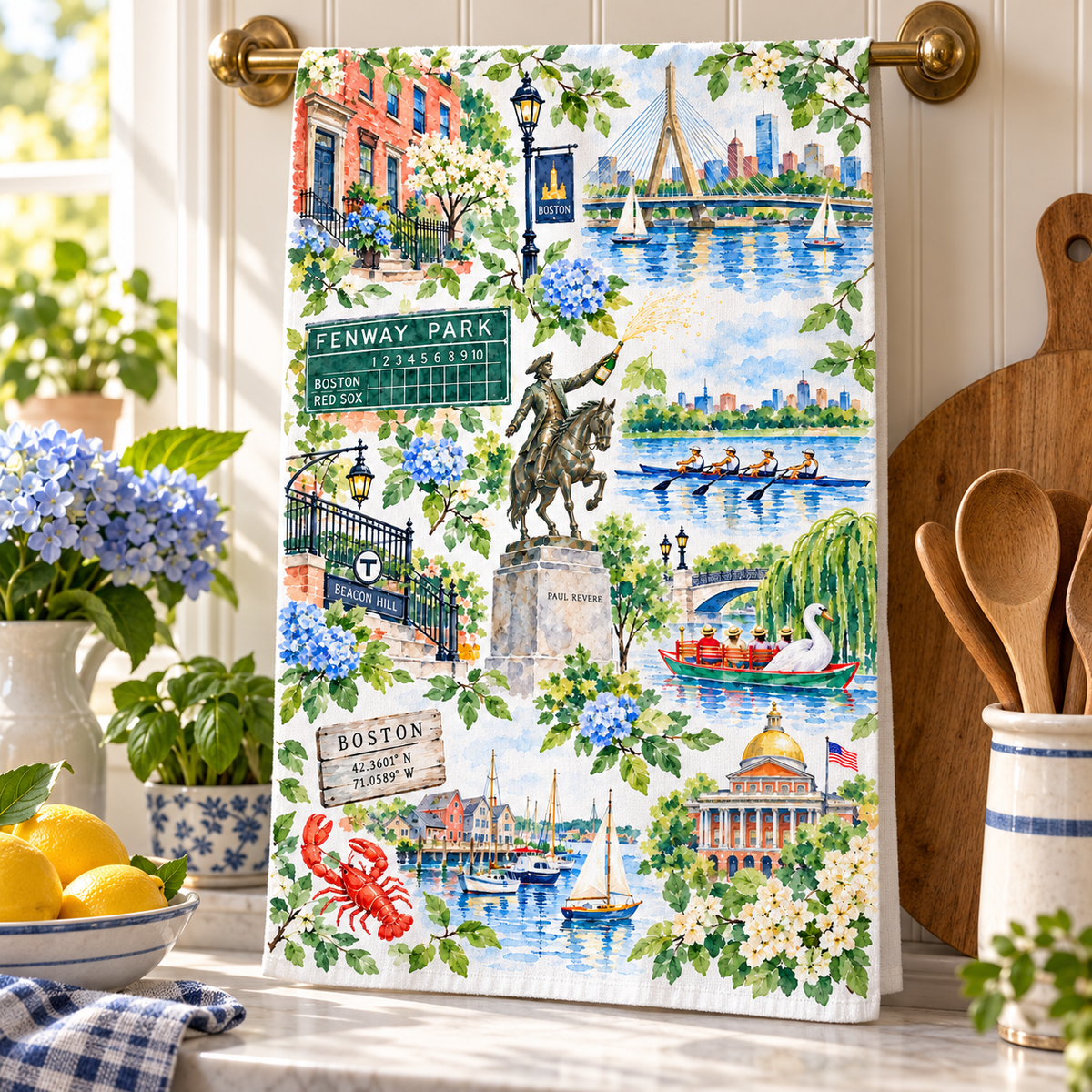 Boston Watercolor Tea Towel, Fenway, Beacon Hill & Charles River Kitchen Towel