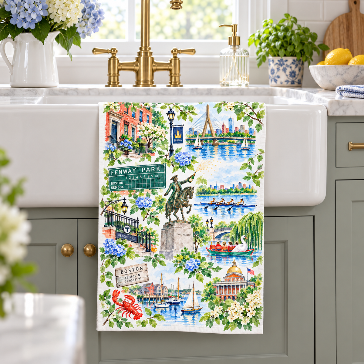 Boston Watercolor Tea Towel, Fenway, Beacon Hill & Charles River Kitchen Towel