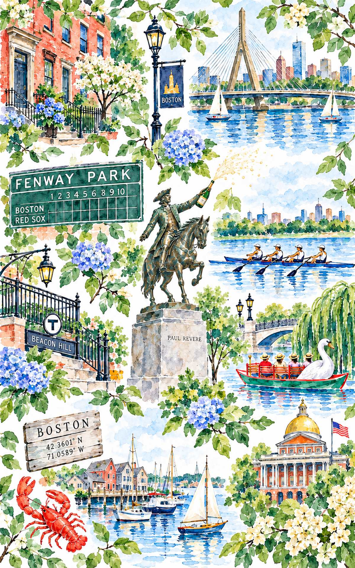 Boston Watercolor Tea Towel, Fenway, Beacon Hill & Charles River Kitchen Towel
