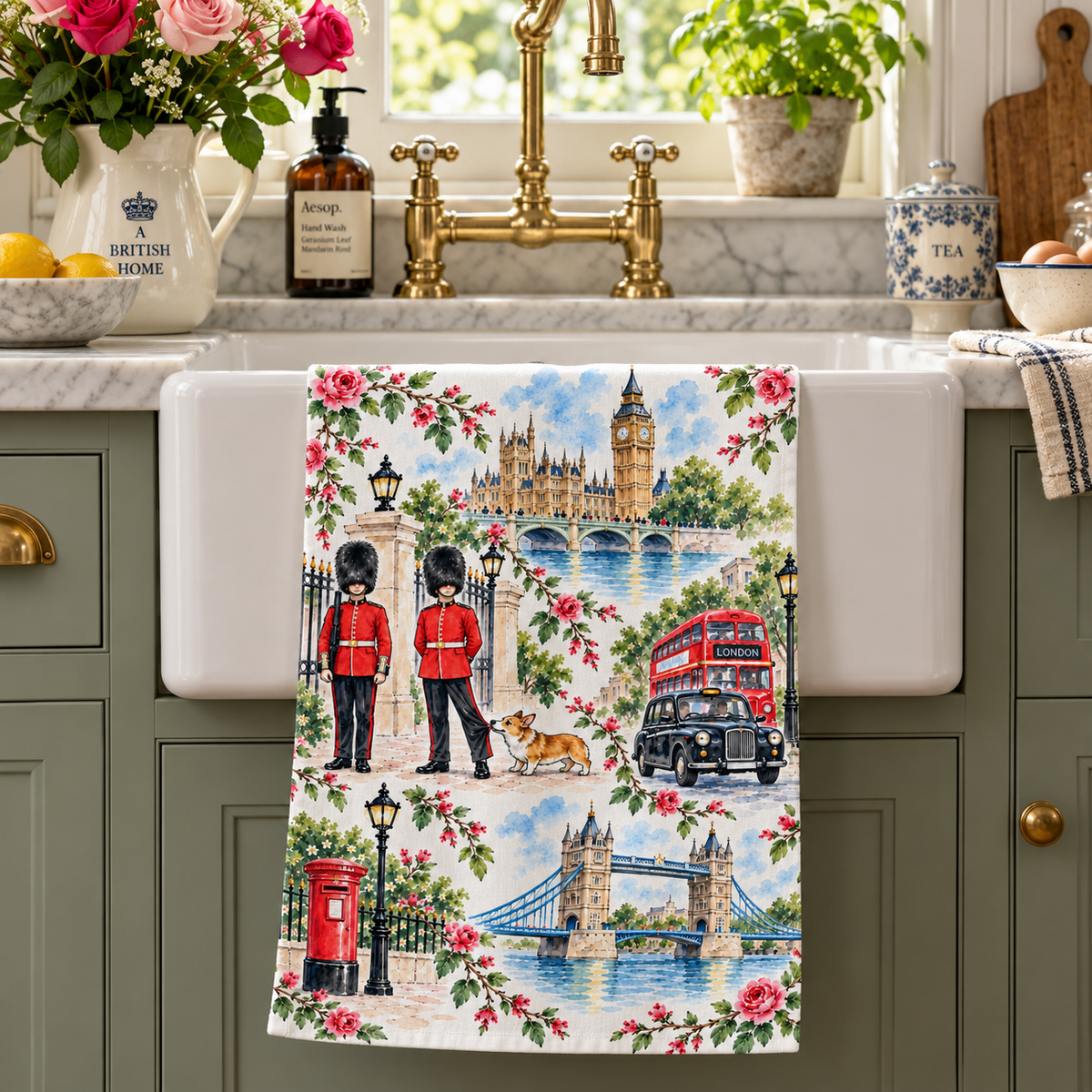 London Watercolor Tea Towel, Big Ben, Tower Bridge, King’s Guard & Corgi British Kitchen Towel