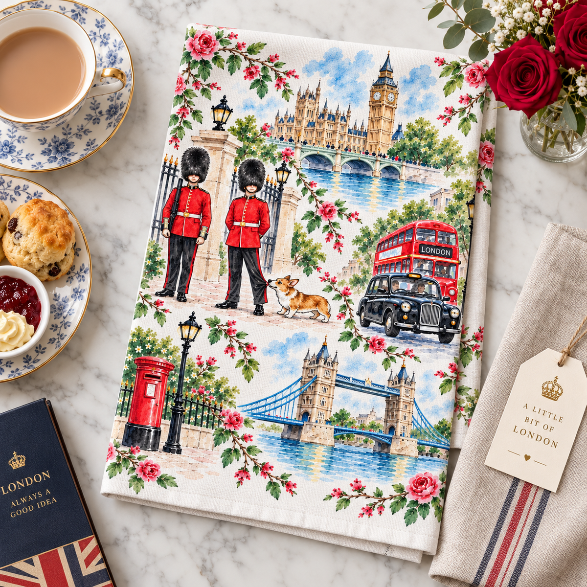 London Watercolor Tea Towel, Big Ben, Tower Bridge, King’s Guard & Corgi British Kitchen Towel