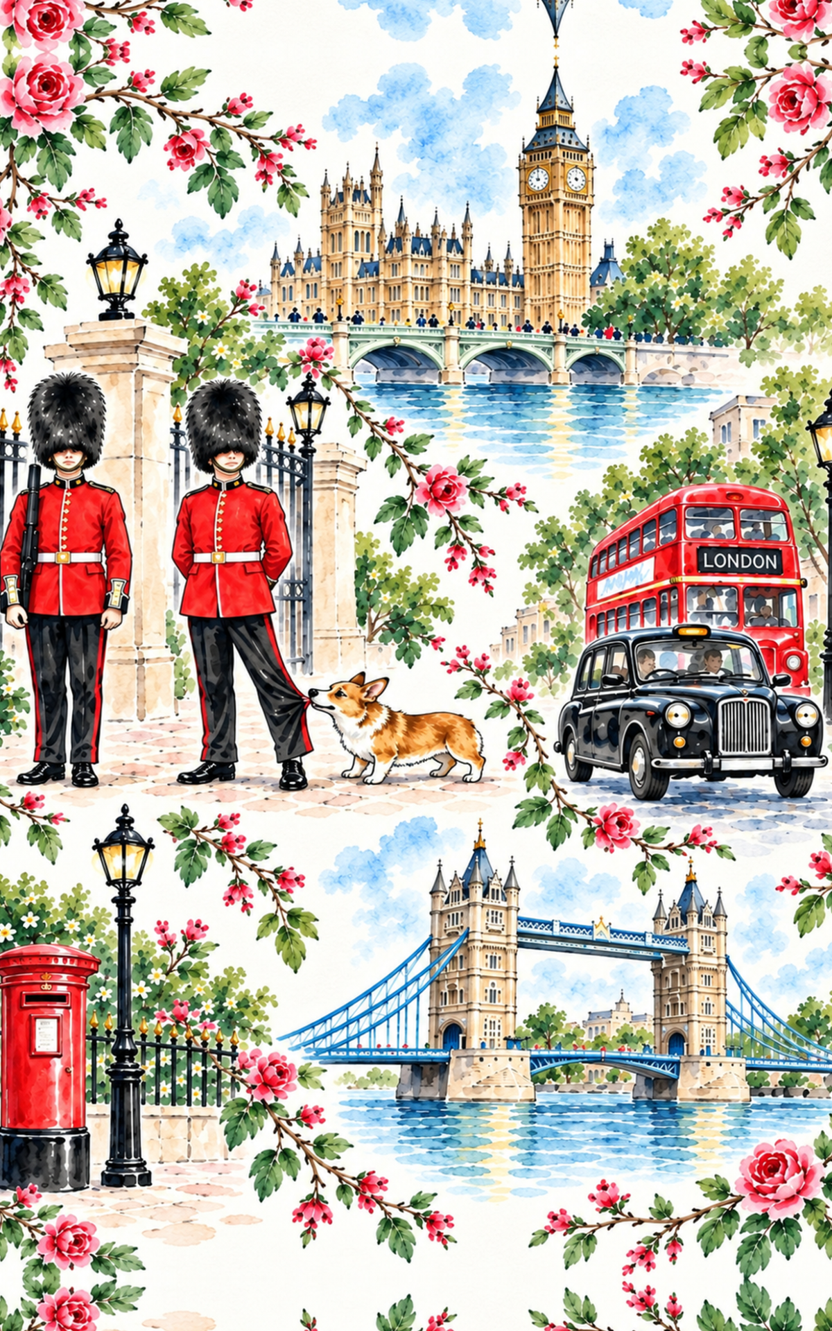 London Watercolor Tea Towel, Big Ben, Tower Bridge, King’s Guard & Corgi British Kitchen Towel