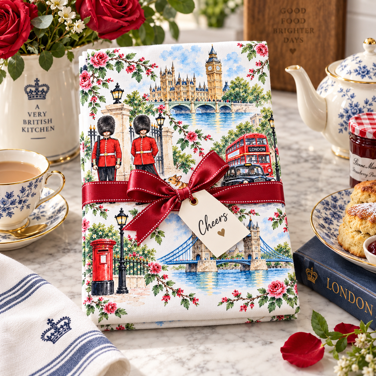 London Watercolor Tea Towel, Big Ben, Tower Bridge, King’s Guard & Corgi British Kitchen Towel