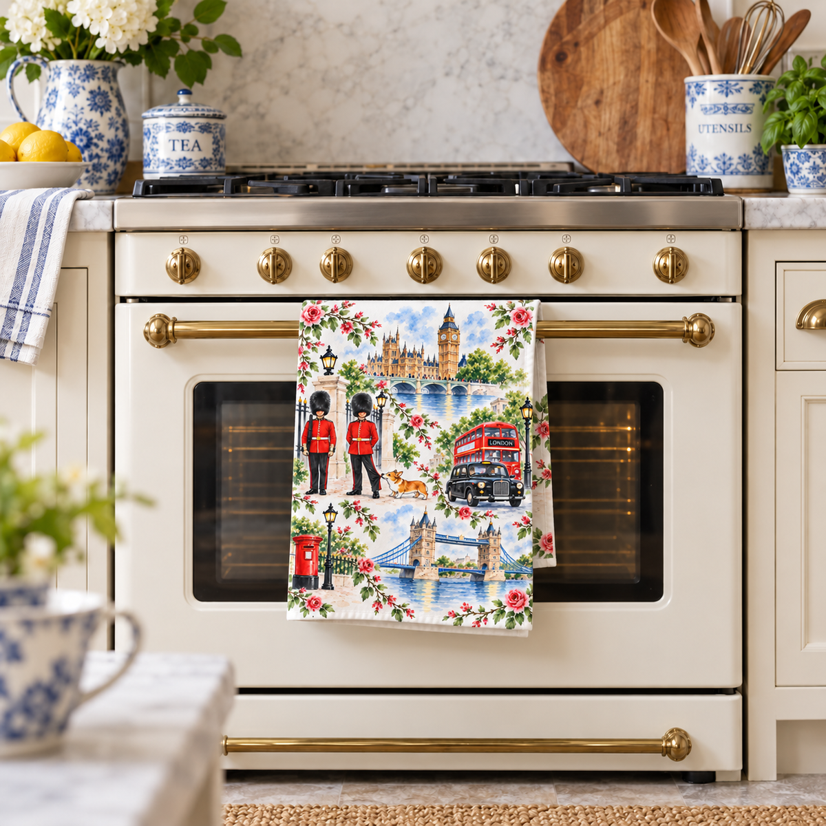 London Watercolor Tea Towel, Big Ben, Tower Bridge, King’s Guard & Corgi British Kitchen Towel