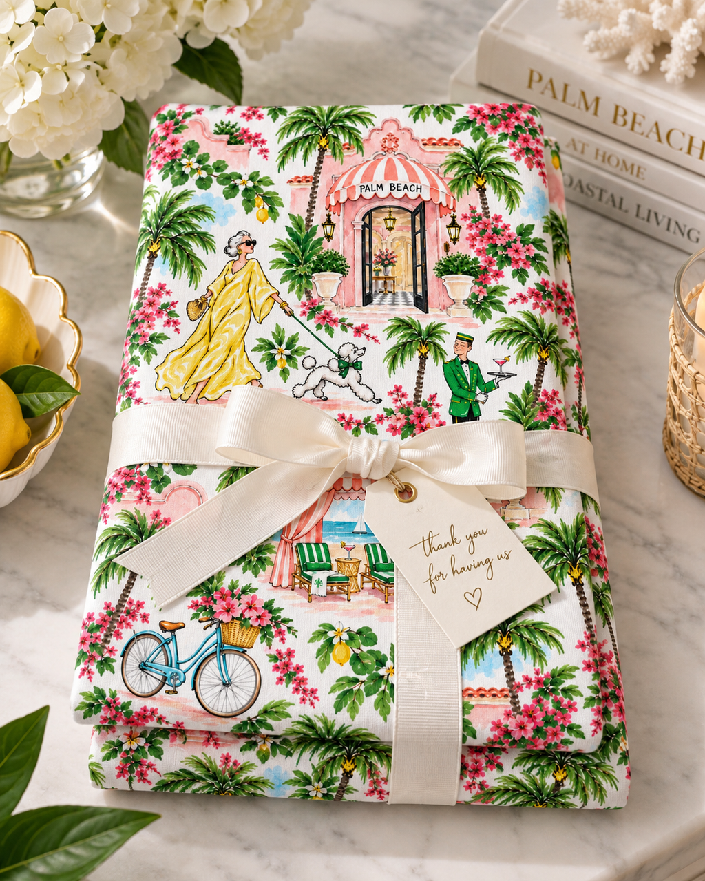 Palm Beach Watercolor Tea Towel, Tropical Resort, Bougainvillea, Palm Trees & Poodle Kitchen Towel