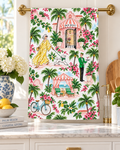 Palm Beach Watercolor Tea Towel, Tropical Resort, Bougainvillea, Palm Trees & Poodle Kitchen Towel