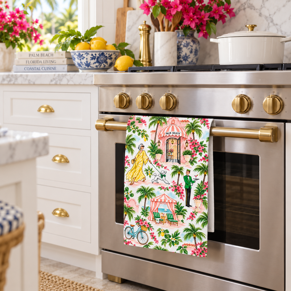 Palm Beach Watercolor Tea Towel, Tropical Resort, Bougainvillea, Palm Trees & Poodle Kitchen Towel