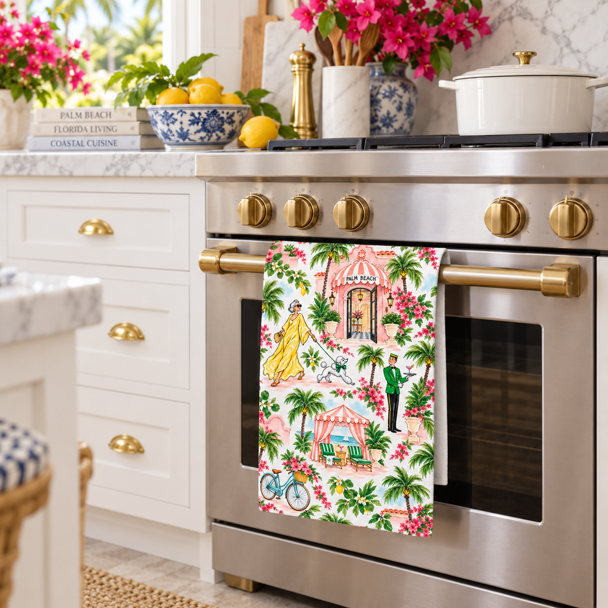 Palm Beach Watercolor Tea Towel, Tropical Resort, Bougainvillea, Palm Trees & Poodle Kitchen Towel
