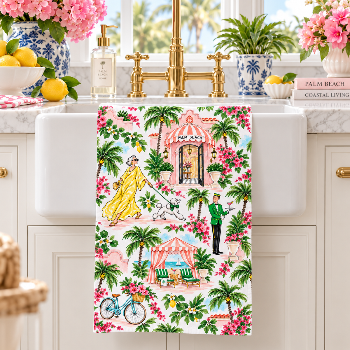 Palm Beach Watercolor Tea Towel, Tropical Resort, Bougainvillea, Palm Trees & Poodle Kitchen Towel