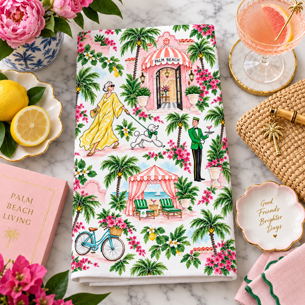 Palm Beach Watercolor Tea Towel, Tropical Resort, Bougainvillea, Palm Trees & Poodle Kitchen Towel