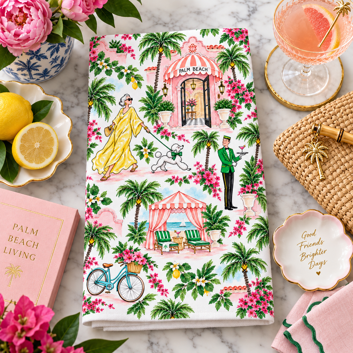Palm Beach Watercolor Tea Towel, Tropical Resort, Bougainvillea, Palm Trees & Poodle Kitchen Towel