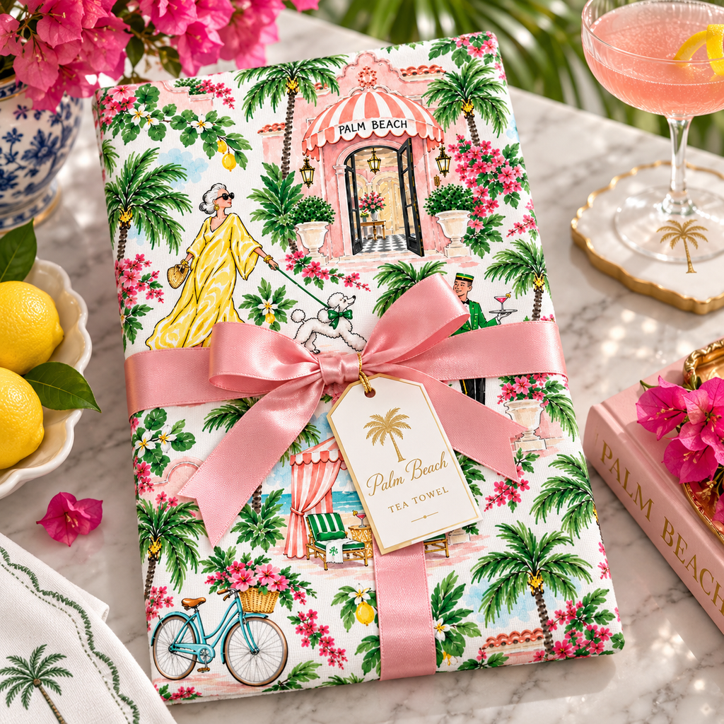 Palm Beach Watercolor Tea Towel, Tropical Resort, Bougainvillea, Palm Trees & Poodle Kitchen Towel