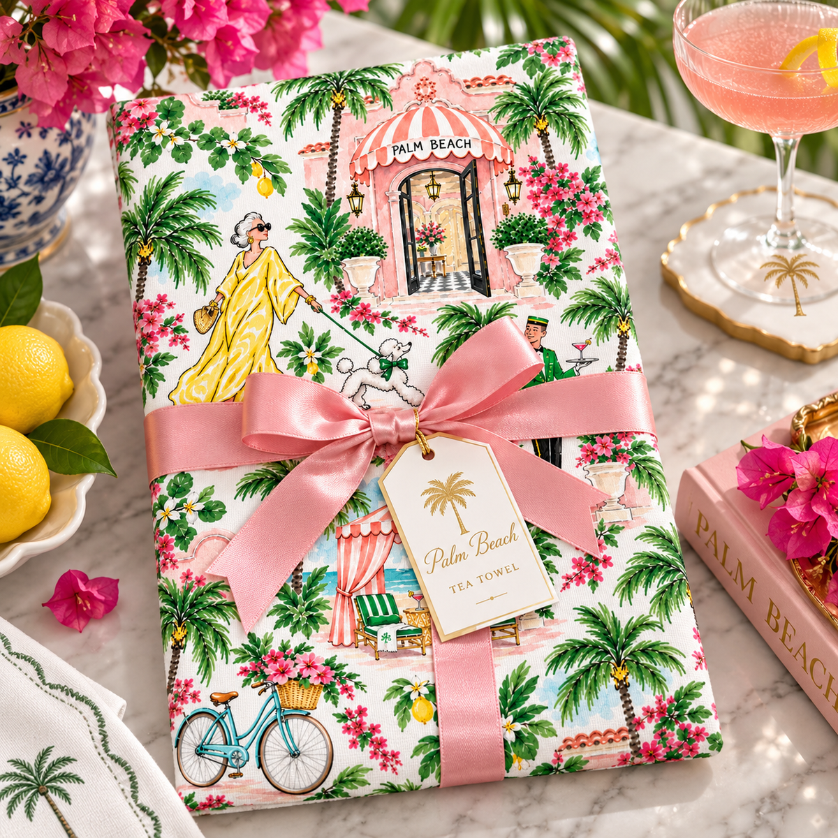 Palm Beach Watercolor Tea Towel, Tropical Resort, Bougainvillea, Palm Trees & Poodle Kitchen Towel