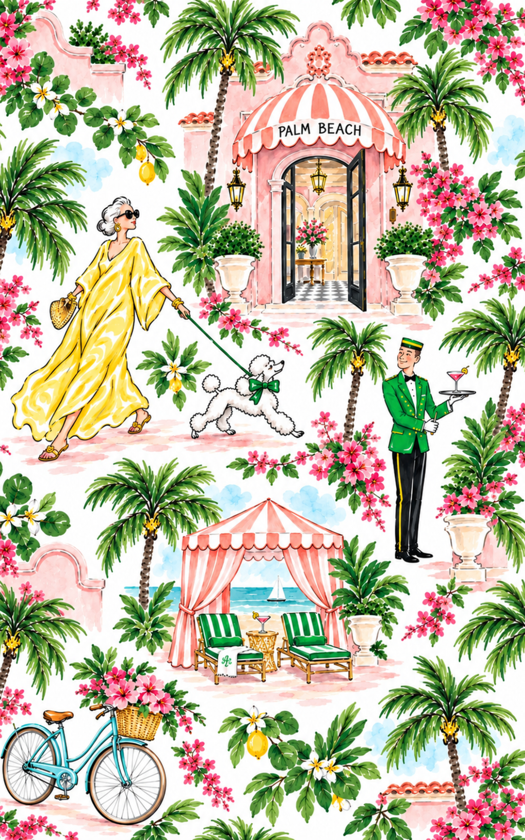 Palm Beach Watercolor Tea Towel, Tropical Resort, Bougainvillea, Palm Trees & Poodle Kitchen Towel