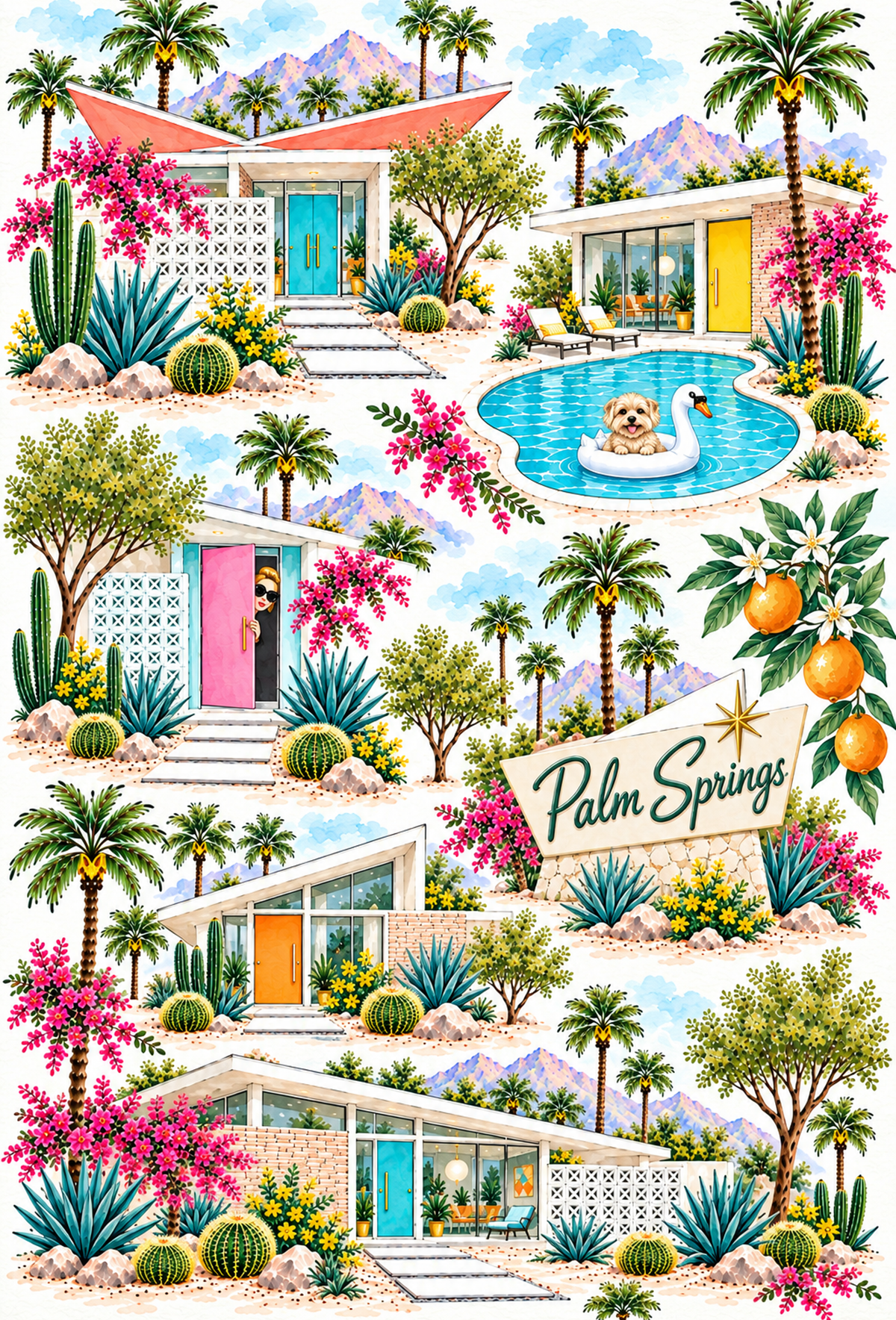 Palm Springs Watercolor Tea Towel – Mid-Century Modern Homes, Palm Trees & Desert Kitchen Towel