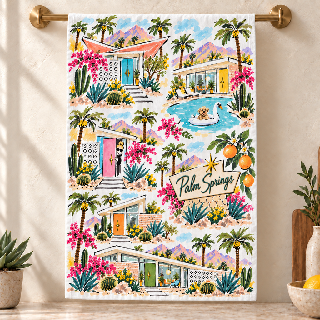 Palm Springs Watercolor Tea Towel – Mid-Century Modern Homes, Palm Trees & Desert Kitchen Towel