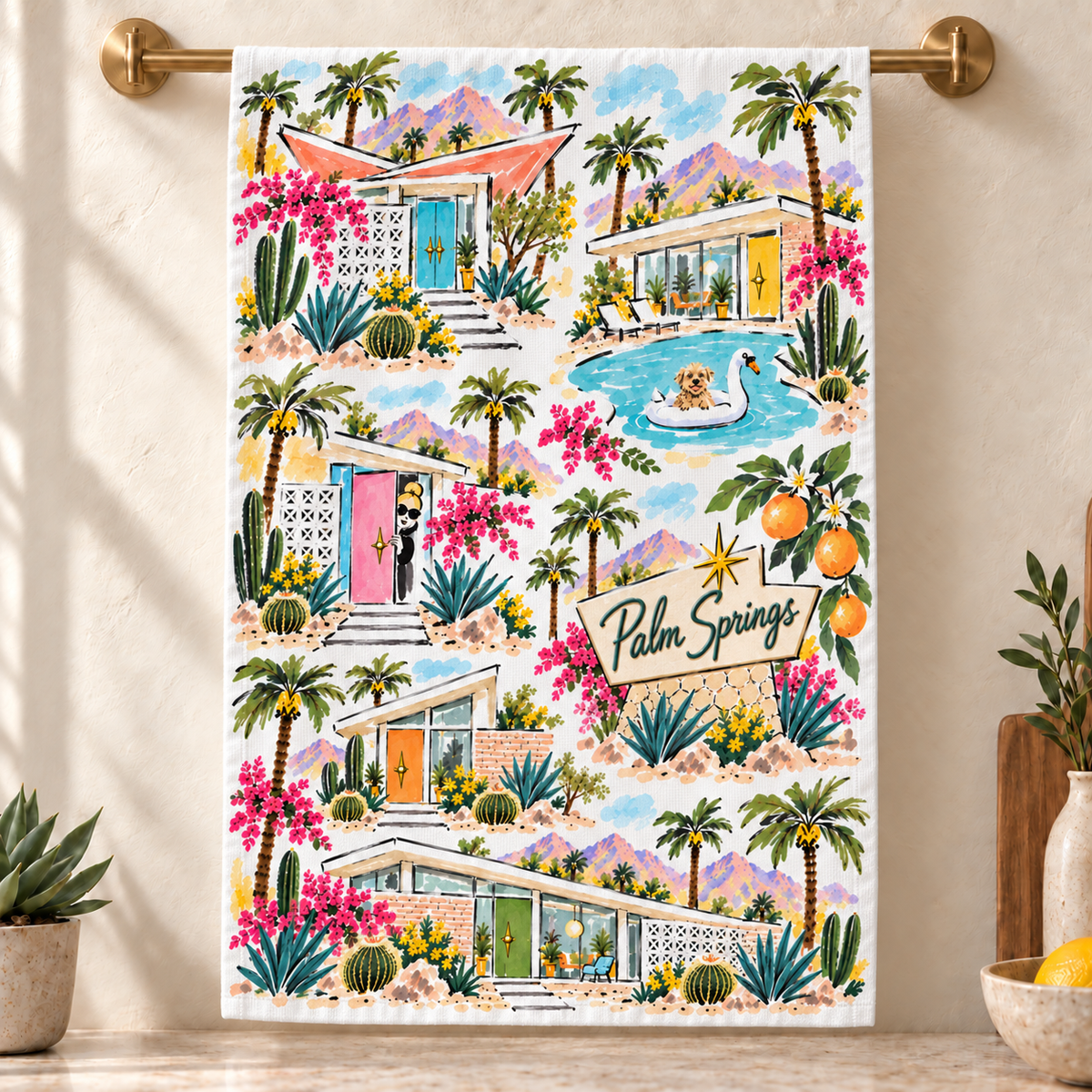 Palm Springs Watercolor Tea Towel – Mid-Century Modern Homes, Palm Trees & Desert Kitchen Towel