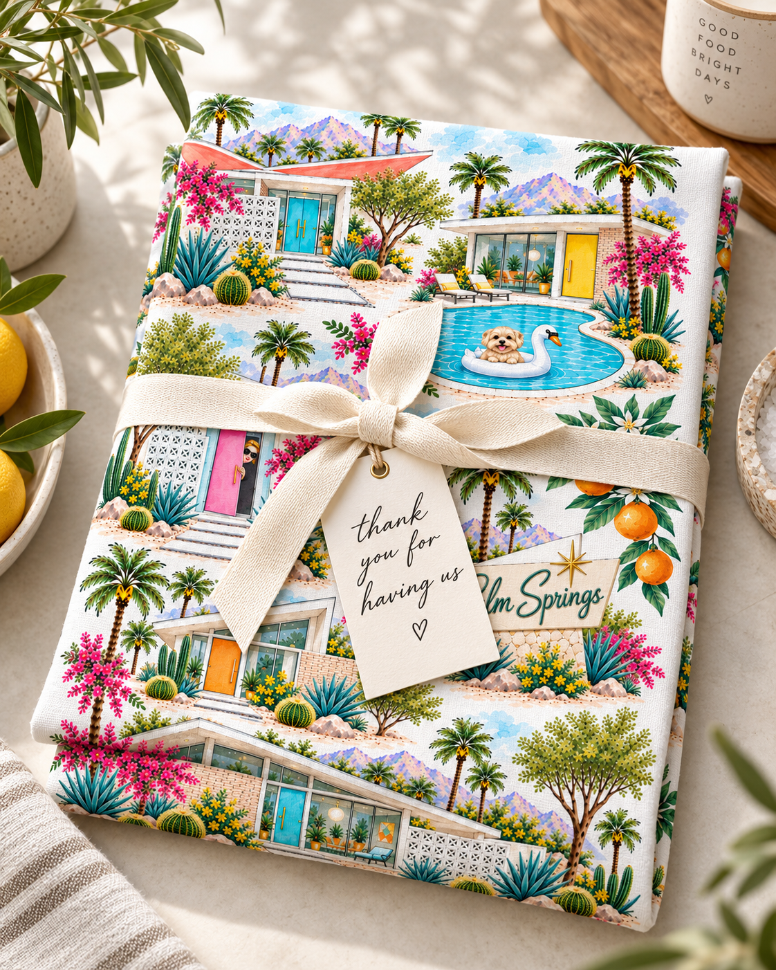 Palm Springs Watercolor Tea Towel – Mid-Century Modern Homes, Palm Trees & Desert Kitchen Towel