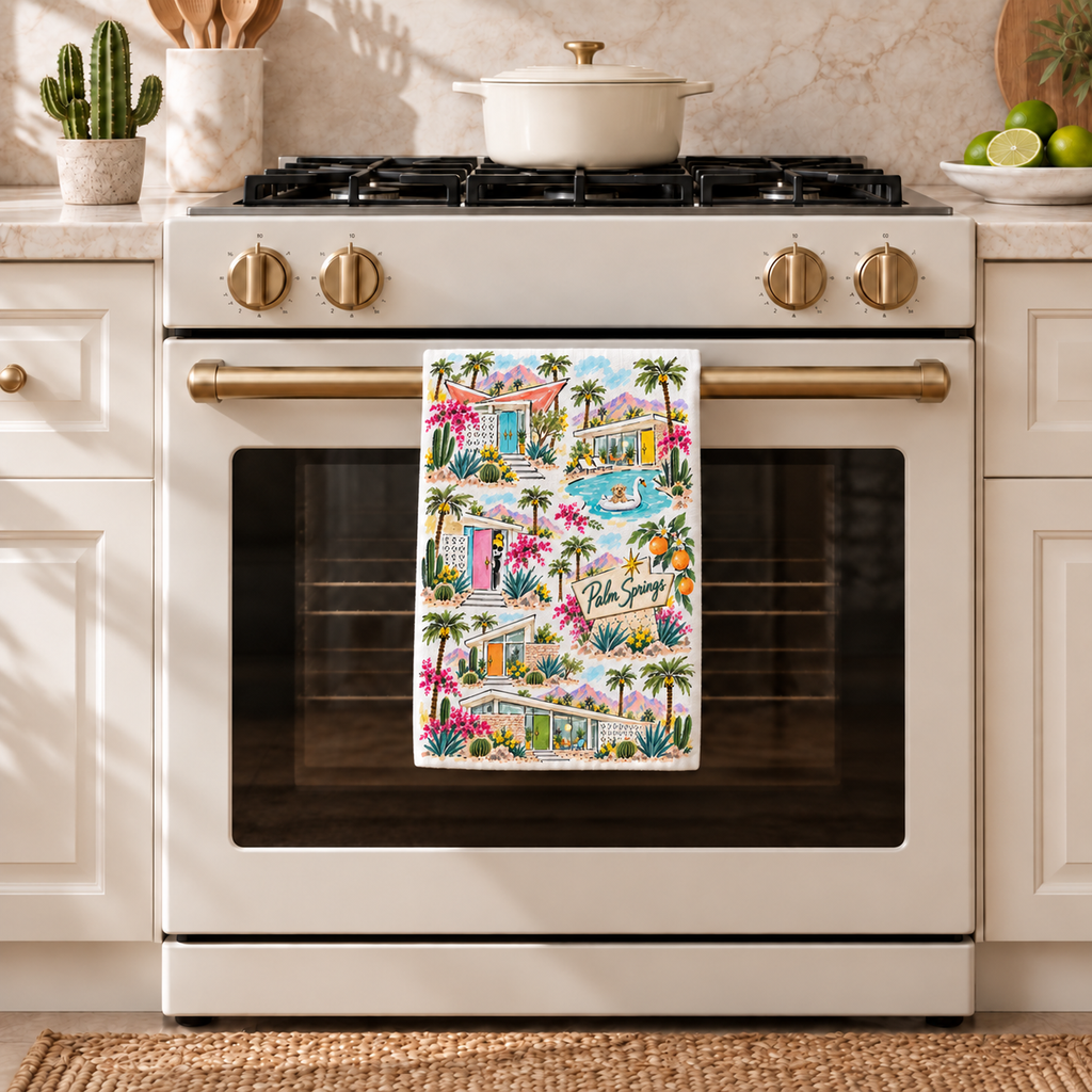 Palm Springs Watercolor Tea Towel – Mid-Century Modern Homes, Palm Trees & Desert Kitchen Towel