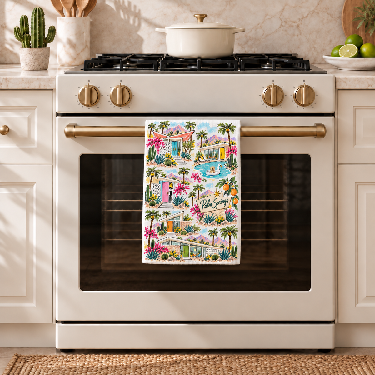 Palm Springs Watercolor Tea Towel – Mid-Century Modern Homes, Palm Trees & Desert Kitchen Towel